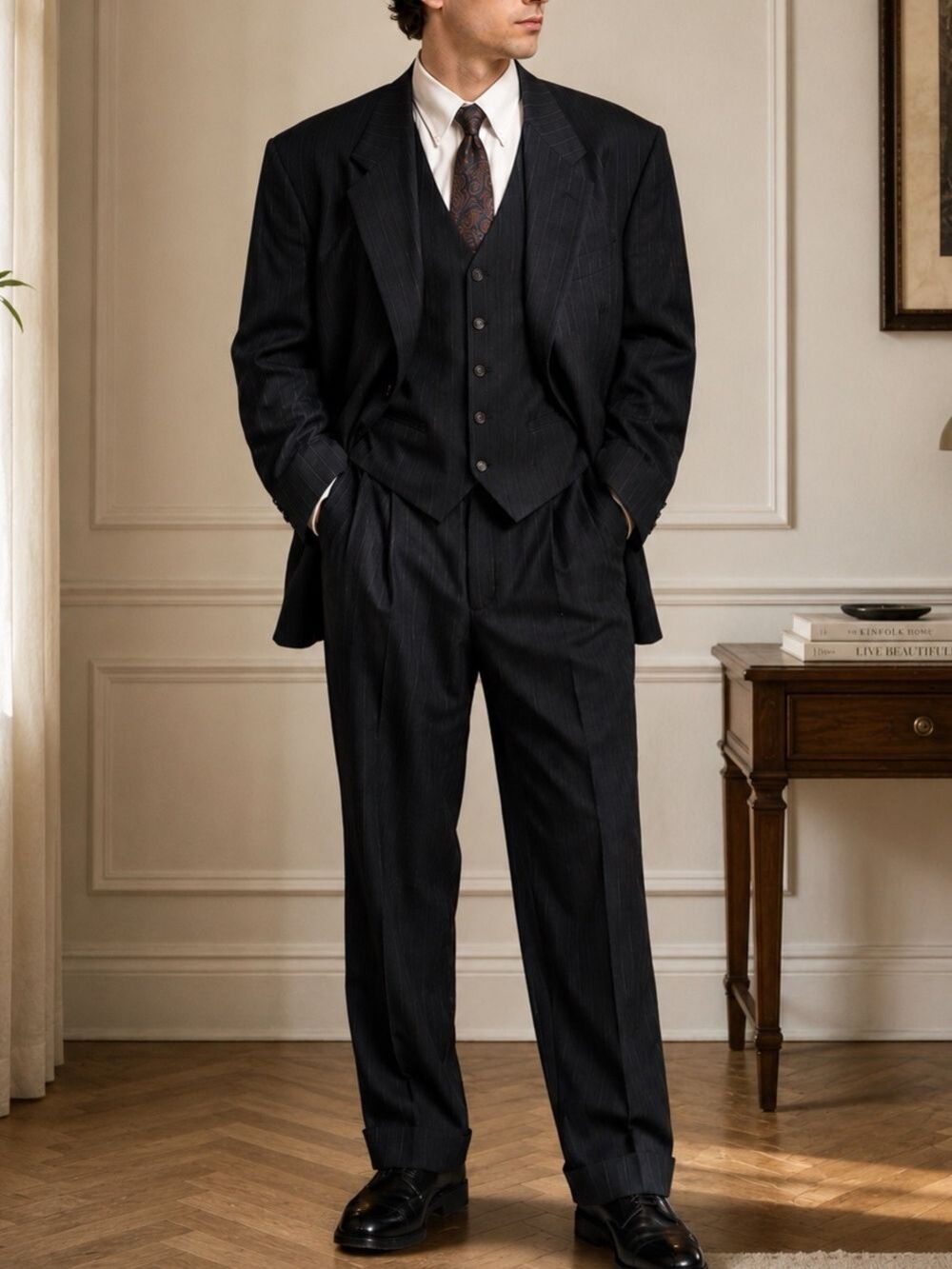 Vtg Tommy Hilfiger 3 Pc Pinstripe Suit 42L Pure Virgin Wool Old Money Mob Boss
